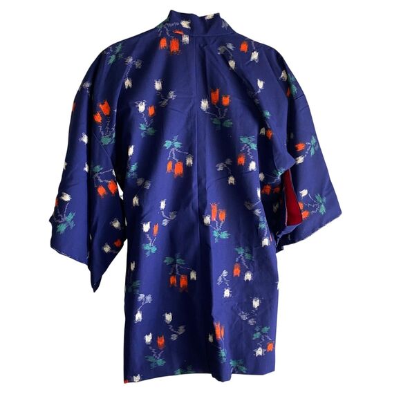 Vtg AI Kimono Jacket Womens Medium Navy Blue Red Floral Print Yukata Robe Japan - Picture 7 of 9
